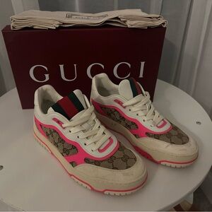 Gucci Beige and Pink Monogram Sneakers